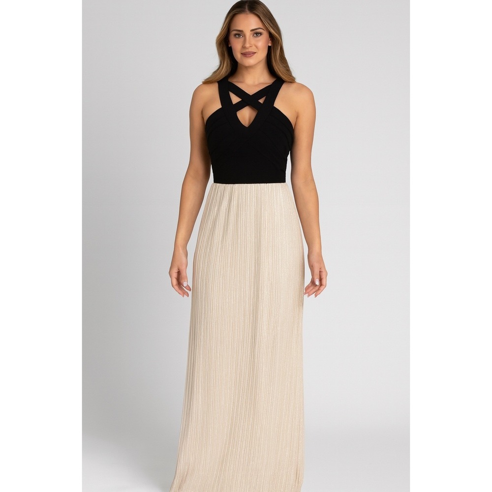 Black Gold Maxi Dress Gown 9 Halter Glitter Glam Formal